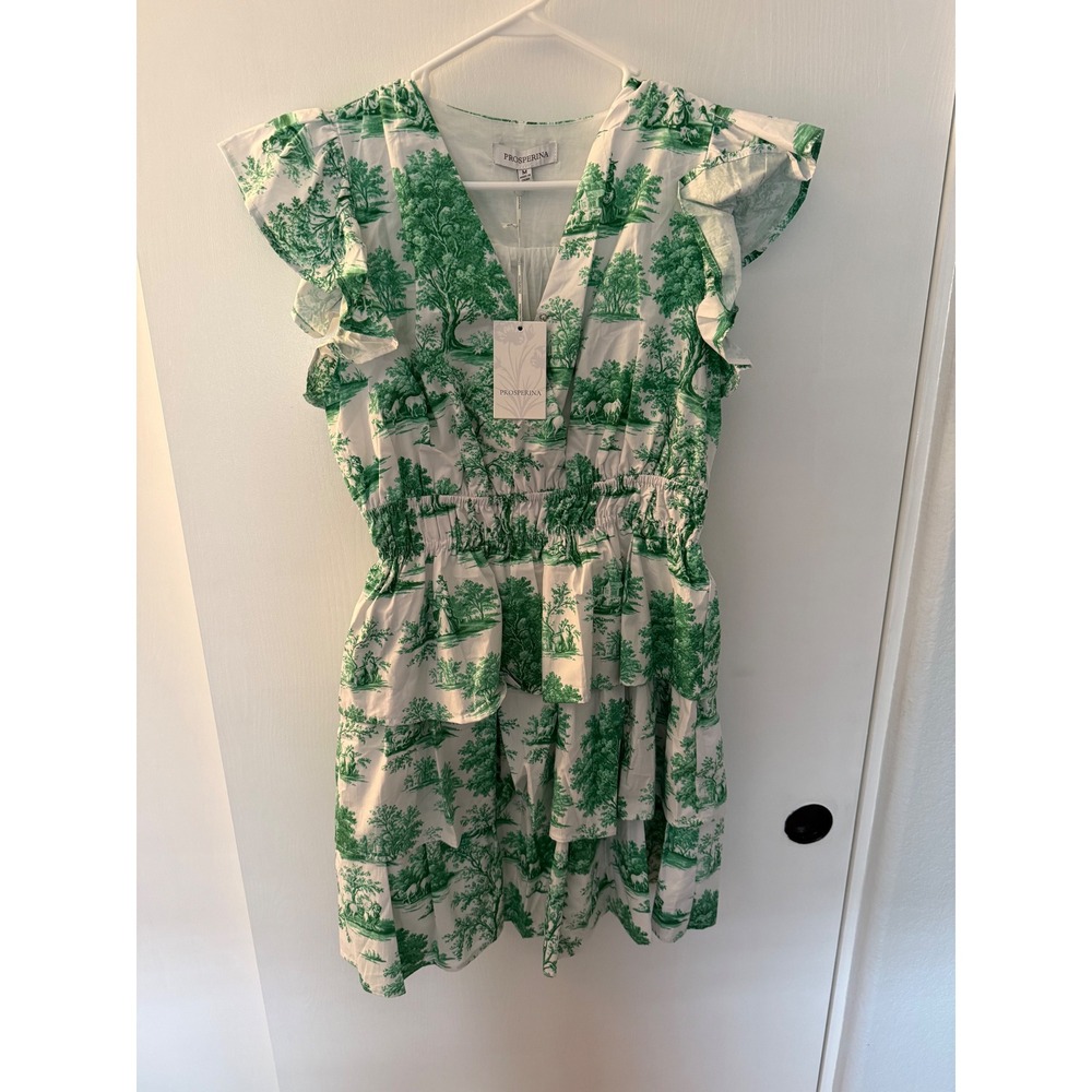 Prosperina Green White Toile Mini Dress Flutter Sleeve Smocked Waist NWT Size M